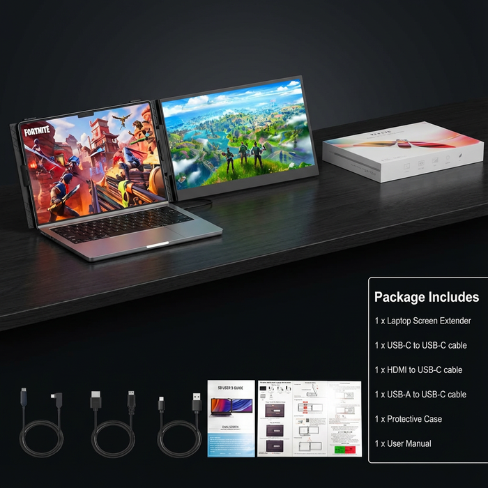 Laptop screen extender with gaming display on a dark surface, showing included accessories. TUTT 14” Laptop Screen Extender | ULTRA Thin Portable Monitor for Windows, Mac, USB-C & HDMI Devices, S8