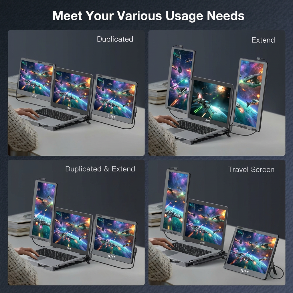 TUTT 14'' Portable Monitor | Laptop Base | 360° Rotation Stand, Multi-Position | F3 for 12-17” Laptop Built-In Speaker | All Devices Compatible with Converter Cable (H5 Included)