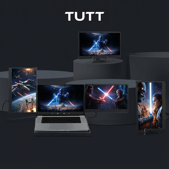 Multiple electronic devices displaying various images on screens with 'TUTT' branding.