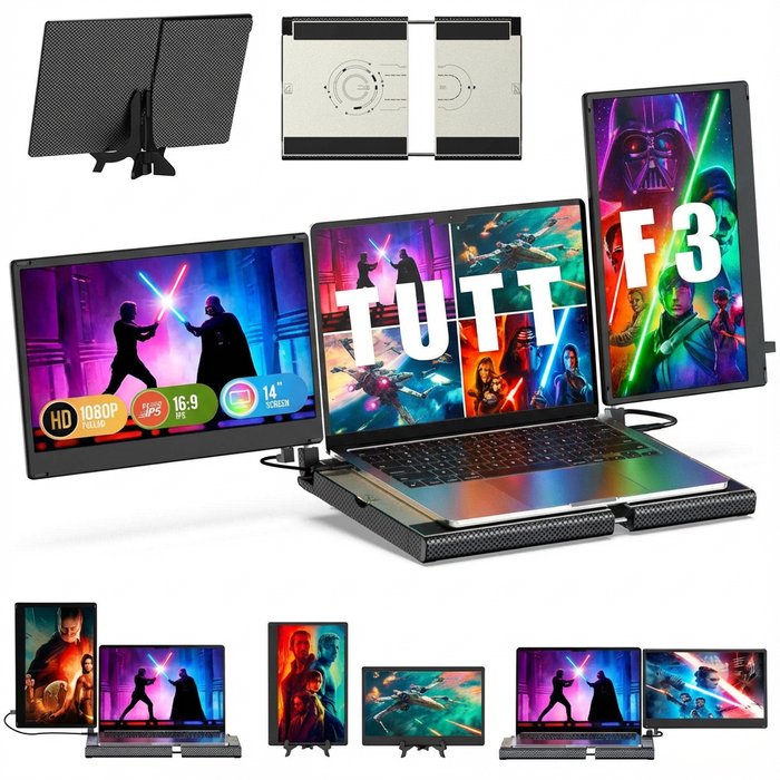 Laptop with multiple external screens displaying colorful graphics and text.TUTT 14'' Portable Monitor | Laptop Base | 360° Rotation Stand, Multi-Position | F3 for 12-17” Laptop Built-In Speaker | All Devices Compatible with Converter Cable (H5 Included)