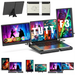Laptop with multiple external screens displaying colorful graphics and text.TUTT 14'' Portable Monitor | Laptop Base | 360° Rotation Stand, Multi-Position | F3 for 12-17” Laptop Built-In Speaker | All Devices Compatible with Converter Cable (H5 Included)