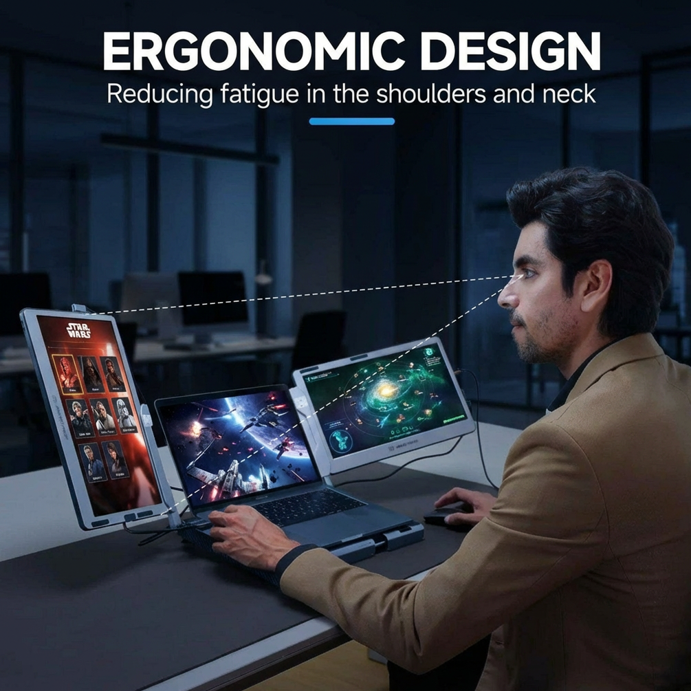 Person using a laptop with ergonomic design features, reducing fatigue in the shoulders and neck.TUTT 14'' Portable Monitor | Laptop Base | 360° Rotation Stand, Multi-Position | F3 for 12-17” Laptop Built-In Speaker | All Devices Compatible with Converter Cable (H5 Included)