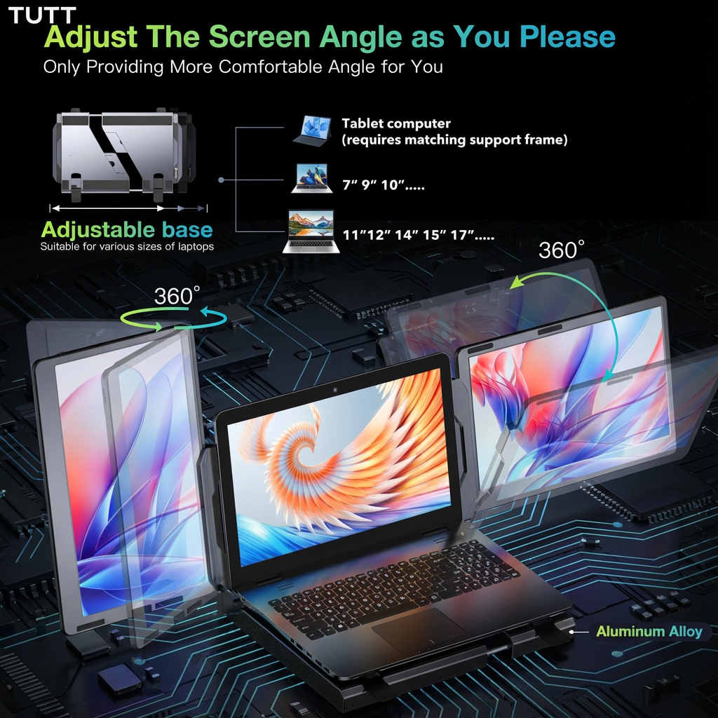 Laptop with adjustable screen stand on a circuit board background, featuring TUTT branding.