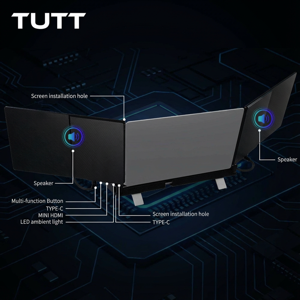 Gaming monitor with labeled features on a dark background, featuring the brand 'TUTT'.
