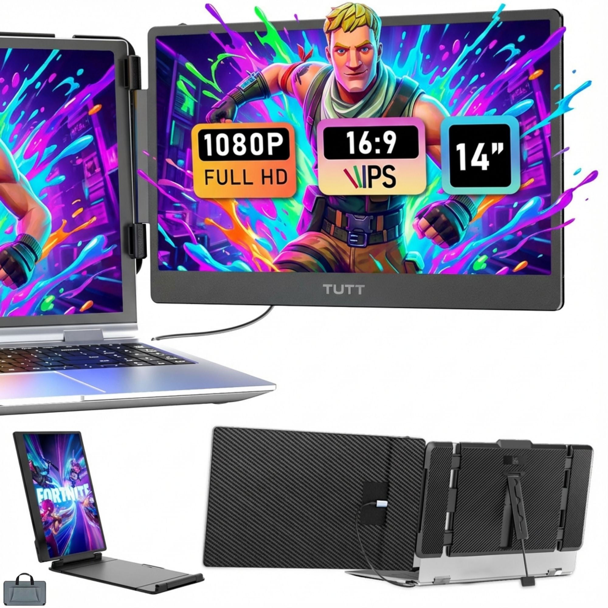 Collage of a laptop with a detachable screen displaying colorful graphics, with 'TUTT' branding. TUTT 14” Single Portable Monitor, Dual Screen Extender, Built-in Stand and Speakers, All Devices, S1