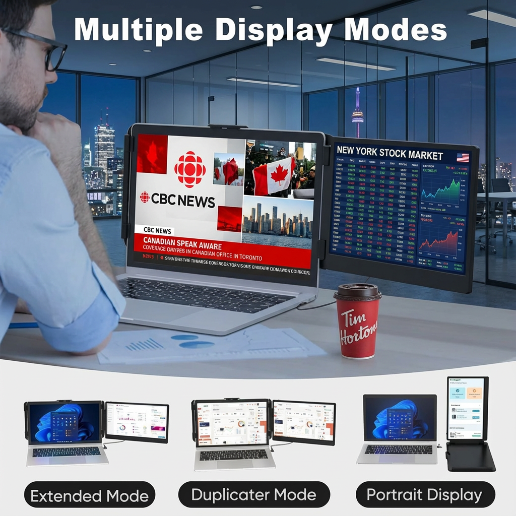 TUTT S1 portable laptop monitor screen extender, 14-inch FHD 1080p IPS, dual display setup, built-in stand and speakers, for 13-17 inch laptops, shown with dimensions and key features. TUTT