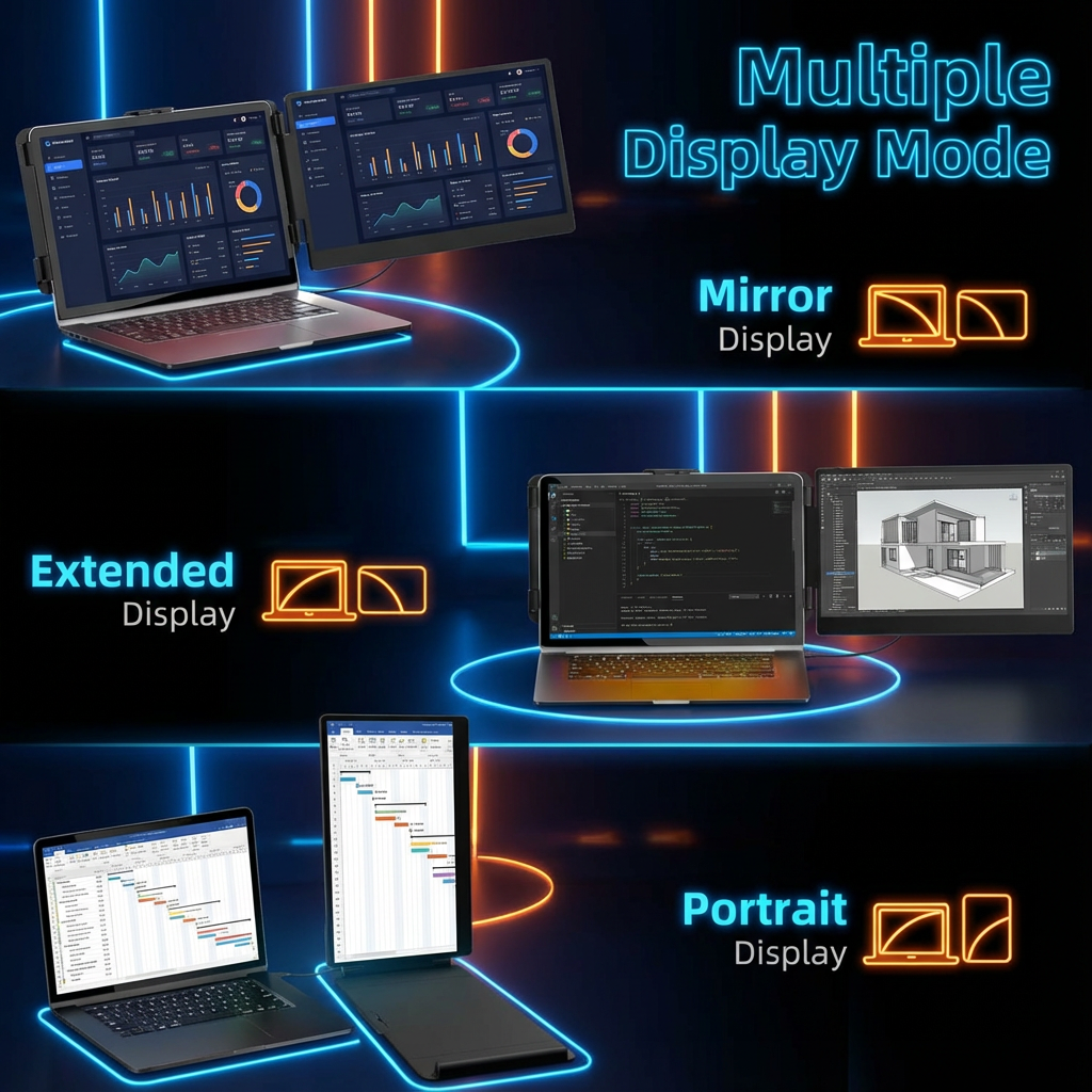 TUTT S1 portable laptop monitor screen extender, 14-inch FHD 1080p IPS, dual display setup, built-in stand and speakers, for 13-17 inch laptops, shown with dimensions and key features. TUTT