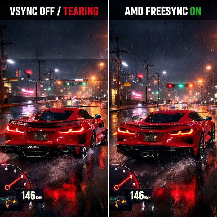 Side-by-side comparison of red sports car on wet city street showing VSYNC OFF with tearing versus AMD FreeSync ON on a 4K portable monitor, TUTT