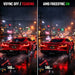 Side-by-side comparison of red sports car on wet city street showing VSYNC OFF with tearing versus AMD FreeSync ON on a 4K portable monitor, TUTT