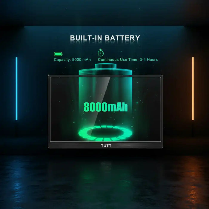 TUTT 15.6 inch 4K portable monitor display showing 8000mAh built-in battery capacity.