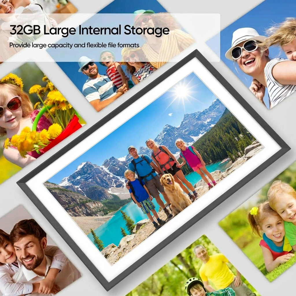 Collage of family photos with a focus on a mountain landscape, featuring large internal storage text. TUTT 15.6” Digital Photo Frame | WiFi IPS Touch Screen, Internal 32 GB | Frameo App | Tabletop or Wall-Mounted | 128GB Micro SD SanDisk + 5 in 1 Card Reader