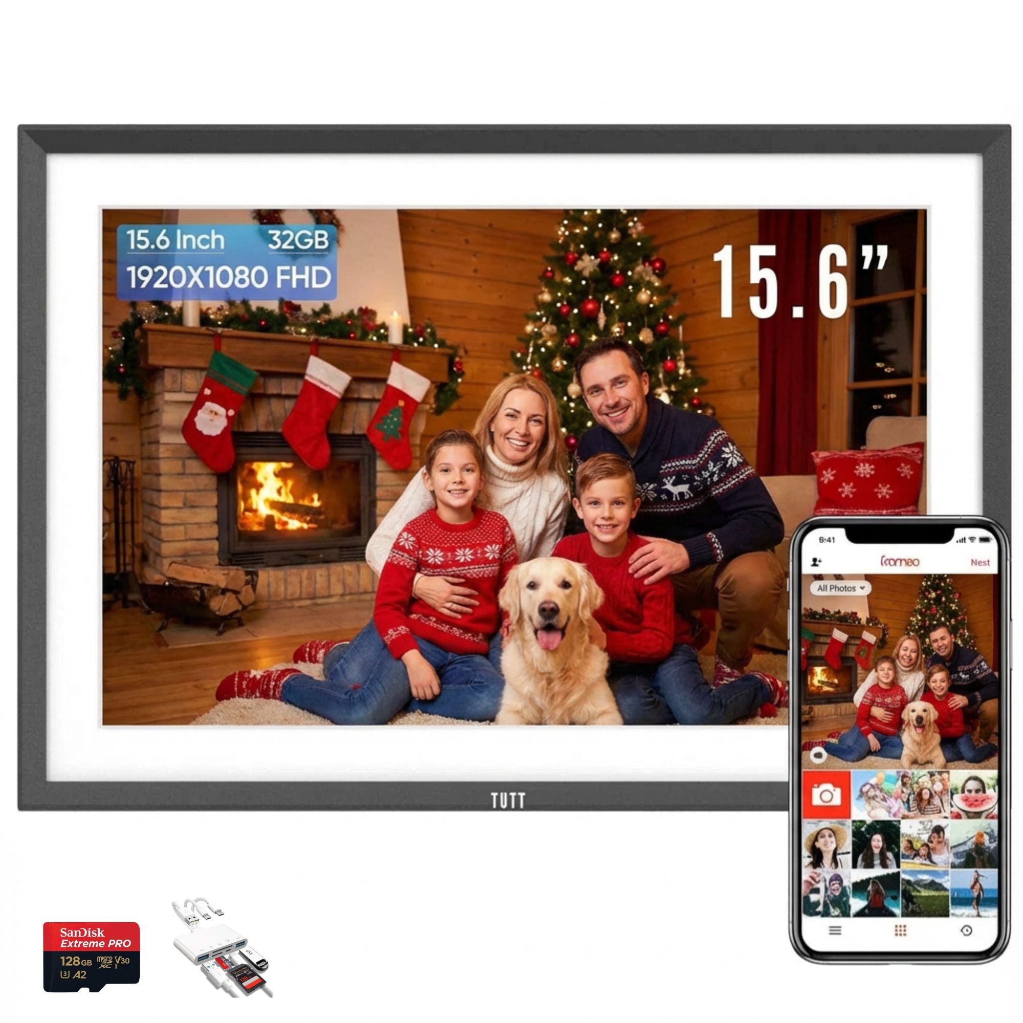 Cadre photo numérique TUTT 15,6 pouces | Écran tactile IPS Wi-Fi, 32 Go de stockage interne | Application Frameo | À poser ou à fixer au mur | Carte Micro SD SanDisk 128 Go + lecteur de cartes 5 en 1 