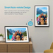 Digital photo frames displaying family photos with text about smart auto-rotate design. TUTT 15.6” Digital Photo Frame | WiFi IPS Touch Screen, Internal 32 GB | Frameo App | Tabletop or Wall-Mounted | 128GB Micro SD SanDisk + 5 in 1 Card Reader