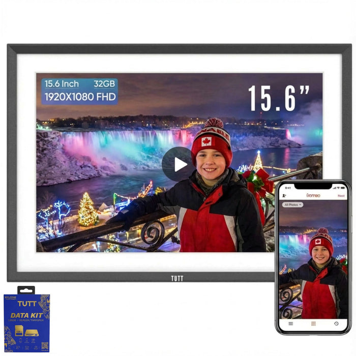 TUTT 15.6” Digital Photo Frame | WiFi Touch Screen Internal 32 GB | Frameo App | Tabletop or Wall-Mounted | 128GB Micro SD + Reader (Optional)