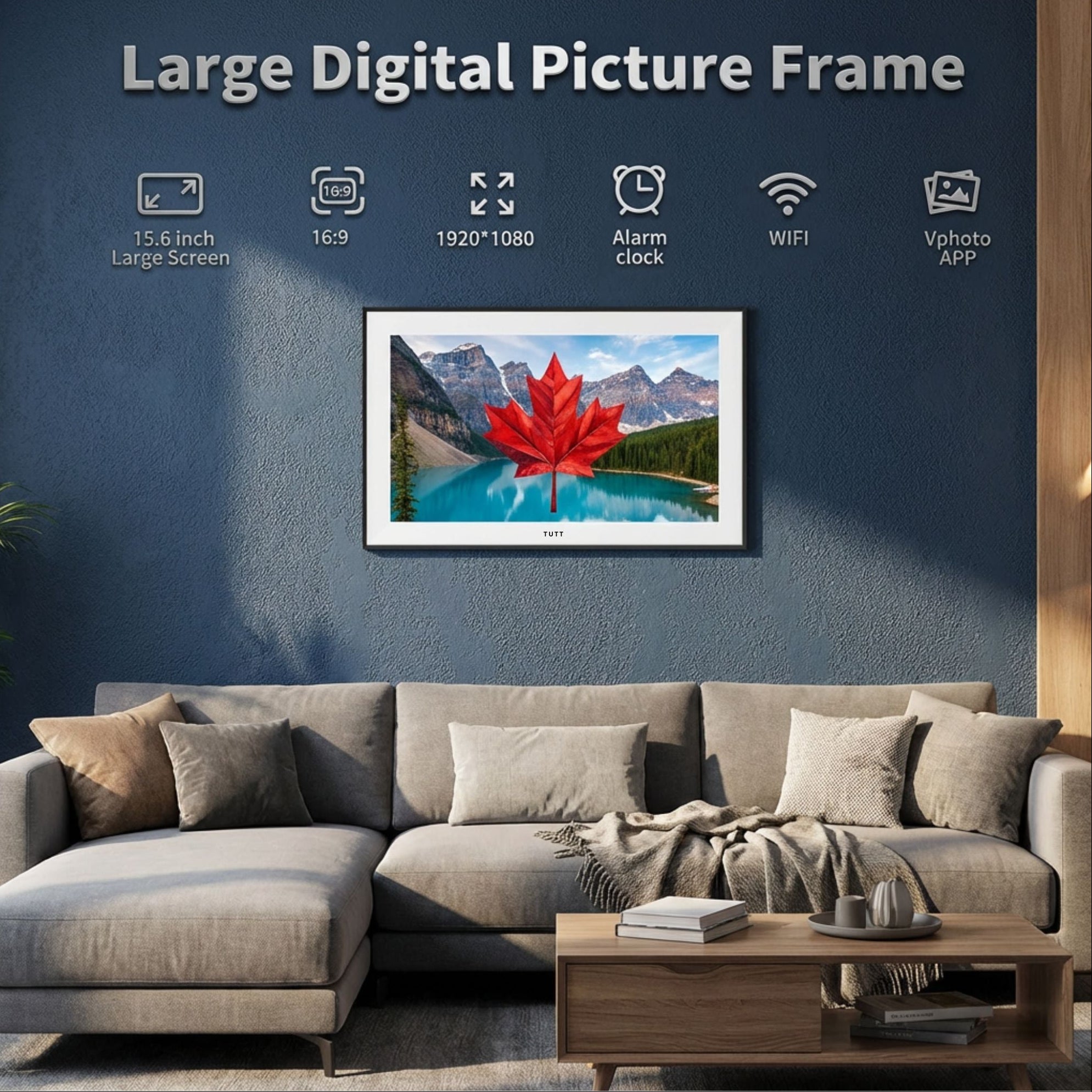 Large digital picture frame displaying a red leaf over a mountain landscape in a living room. TUTT 15.6” Smart Digital Calendar & Chore Chart | Photo and Video Frame | Smart Touchscreen Display Family Organizer + 128GB SanDisk