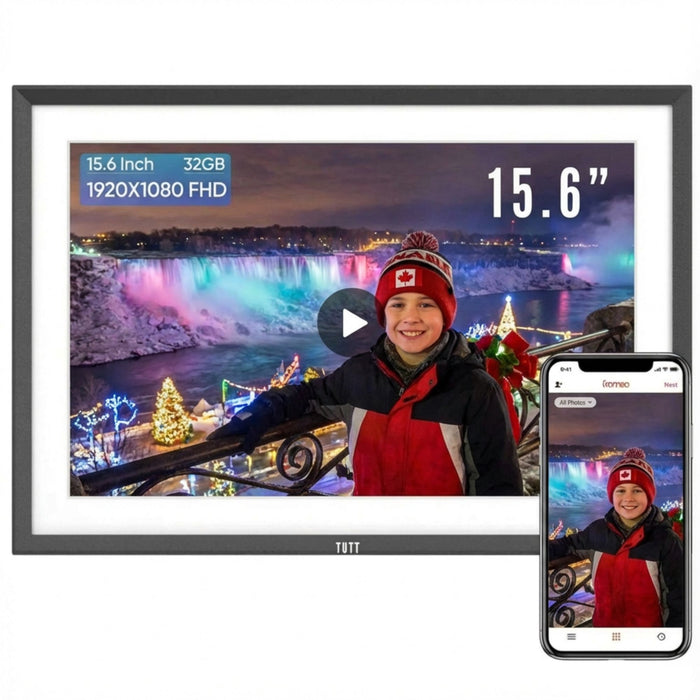 TUTT 15.6” Digital Photo Frame | WiFi Touch Screen Internal 32 GB | Frameo App | Tabletop or Wall-Mounted | 128GB Micro SD + Reader (Optional)