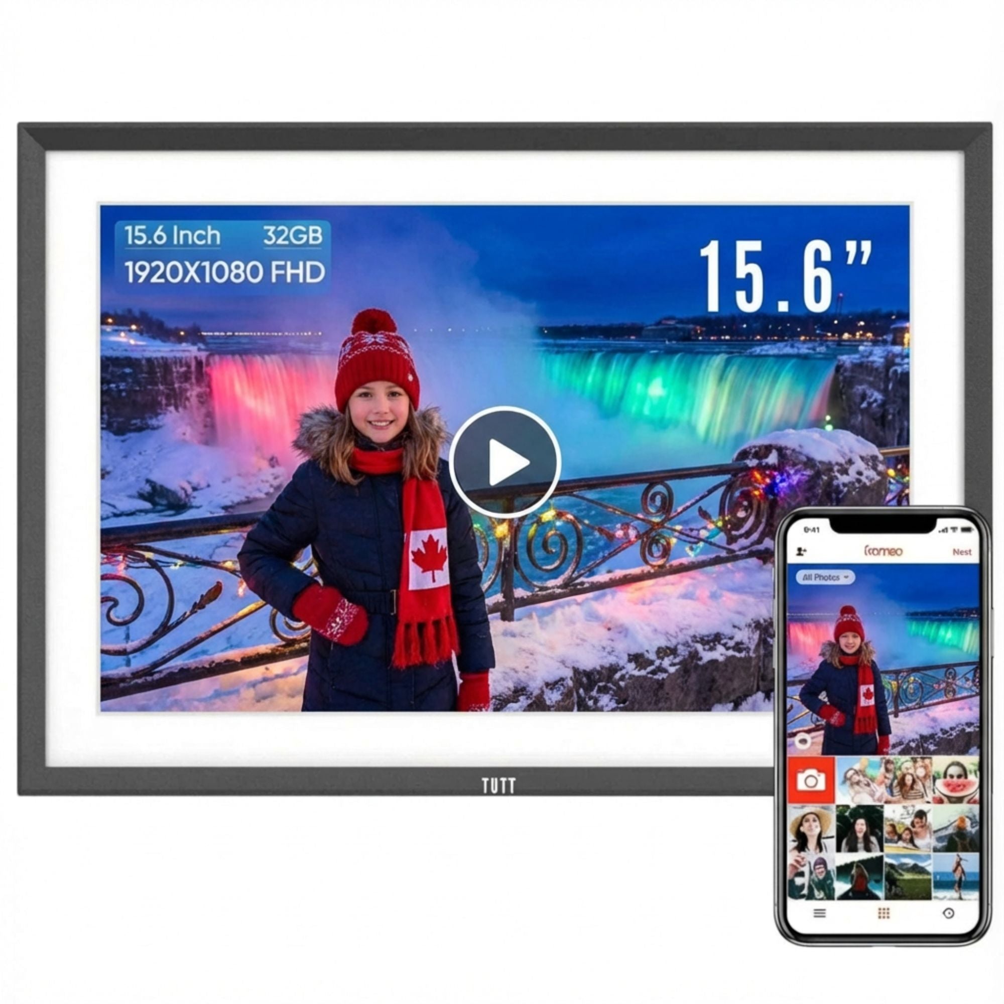 Cadre photo numérique TUTT 15,6 pouces | Écran tactile IPS Wi-Fi, 32 Go de stockage interne | Application Frameo | À poser ou à fixer au mur | Carte Micro SD SanDisk 128 Go + lecteur de cartes 5 en 1 