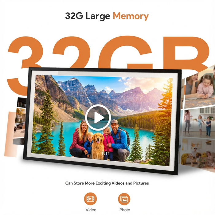 Digital photo frame with scenic display and family photo, 32GB memory highlighted.TUTT 15.6” Digital Photo Frame | WiFi IPS Touch Screen, Internal 32 GB | Frameo App | Tabletop or Wall-Mounted | 128GB Micro SD SanDisk + 5 in 1 Card Reader