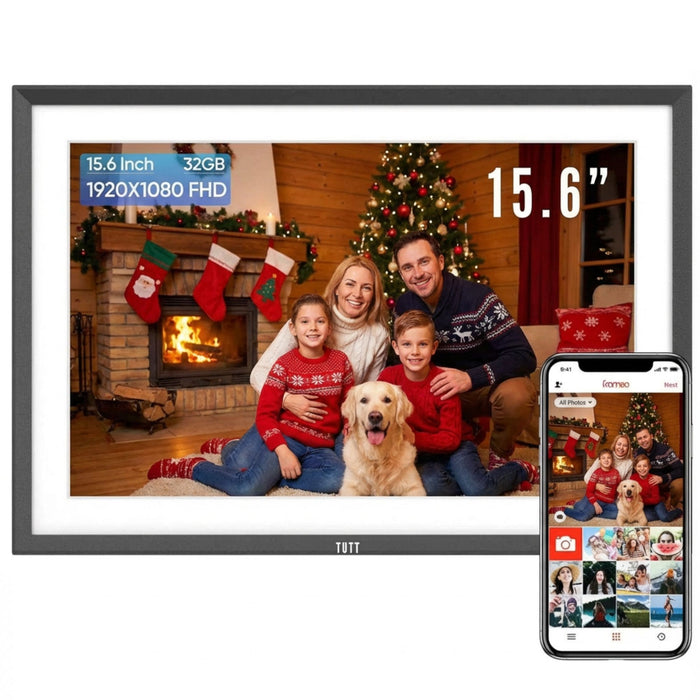 Family with dog in front of a Christmas tree, displayed on a screen with product specifications. Digital Photo Frame TUTT