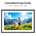 Framed display of a girl and dog in a mountainous landscape with text about image quality. TUTT 15.6” Digital Photo Frame | WiFi IPS Touch Screen, Internal 32 GB | Frameo App | Tabletop or Wall-Mounted | 128GB Micro SD SanDisk + 5 in 1 Card Reader