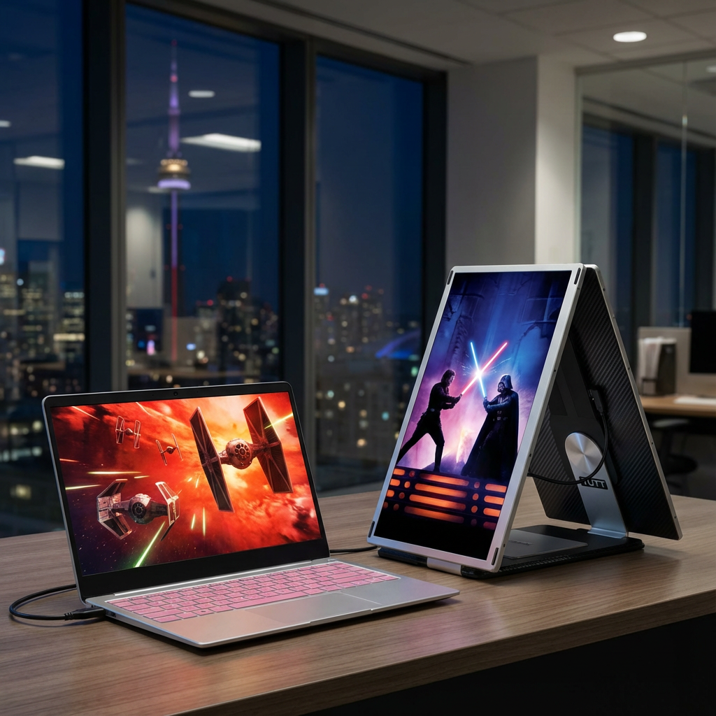 TUTT 15.6” FHD Portable Monitor – S6 Triple Screen Extender, USB-C/HDMI, 7 Viewing Modes | All Devices Compatible with Converter Cable (H5 Included)Two laptops on a desk with Star Wars-themed screens in an office setting.