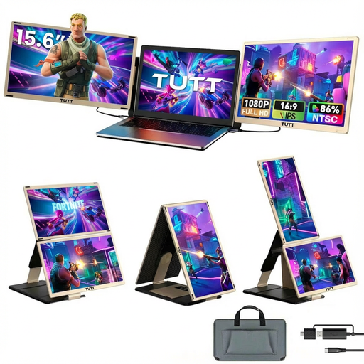 Gaming setup with multiple screens, laptops, and accessories on a white background TUTT 15.6” FHD Portable Monitor – S6 Triple Screen Extender, USB-C/HDMI, 7 Viewing Modes | All Devices Compatible with Converter Cable (H5 Included)
