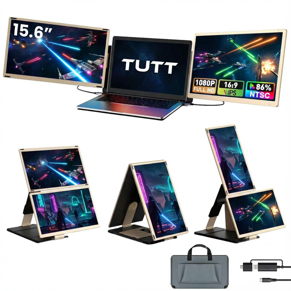 Laptop with multiple screens and accessories on a white background TUTT 15.6” FHD Portable Monitor – S6 Triple Screen Extender, USB-C/HDMI, 7 Viewing Modes | All Devices Compatible with Converter Cable (H5 Included)