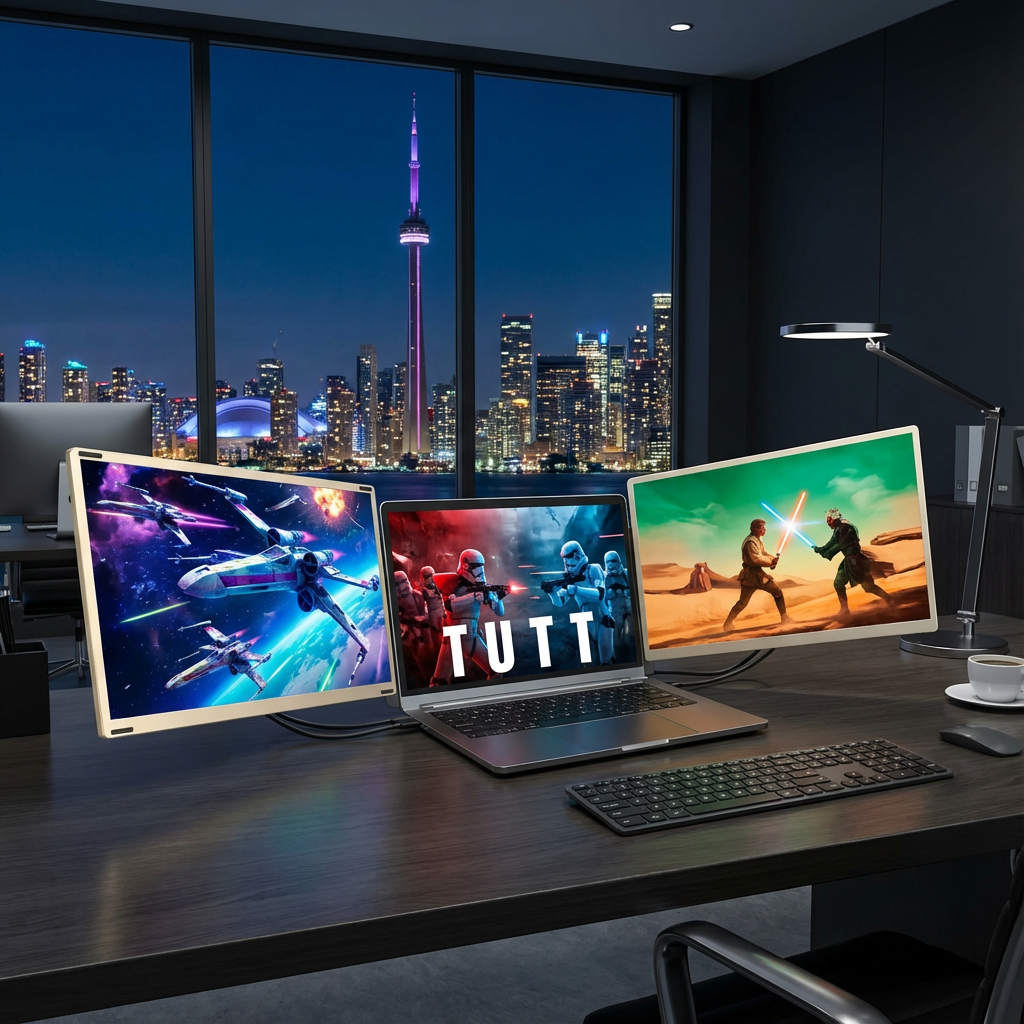 TUTT 15.6” FHD Portable Monitor – S6 Triple Screen Extender, USB-C/HDMI, 7 Viewing Modes | All Devices Compatible with Converter Cable (H5 Included)Modern office setup with a laptop and two monitors displaying action scenes, cityscape visible through window.