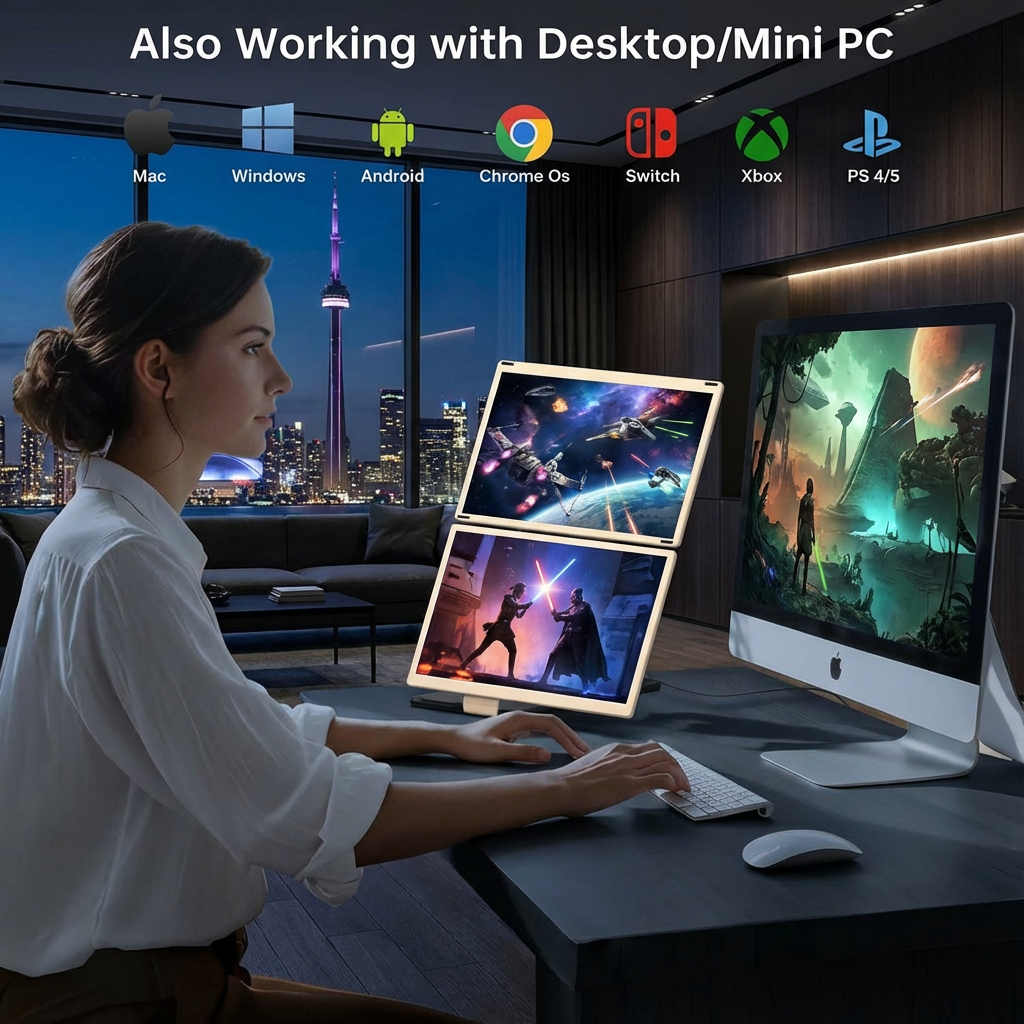 TUTT 15.6” FHD Portable Monitor – S6 Triple Screen Extender, USB-C/HDMI, 7 Viewing Modes | All Devices Compatible with Converter Cable (H5 Included)Woman using a computer with multiple screens displaying different content in a dark room.