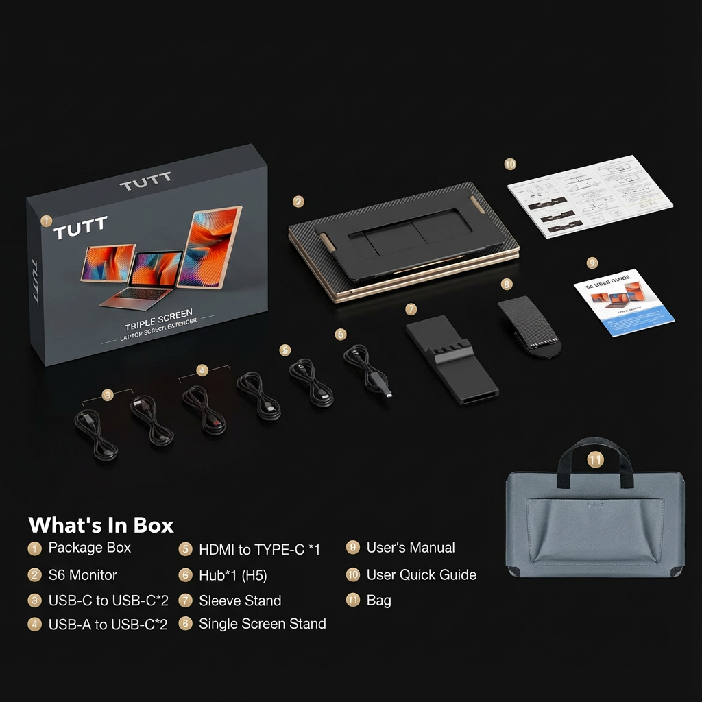TUTT triple-screen laptop docking station with accessories on a black TUTT 15.6” FHD Portable Monitor – S6 Triple Screen Extender, USB-C/HDMI, 7 Viewing Modes | All Devices Compatible with Converter Cable (H5 Included)background