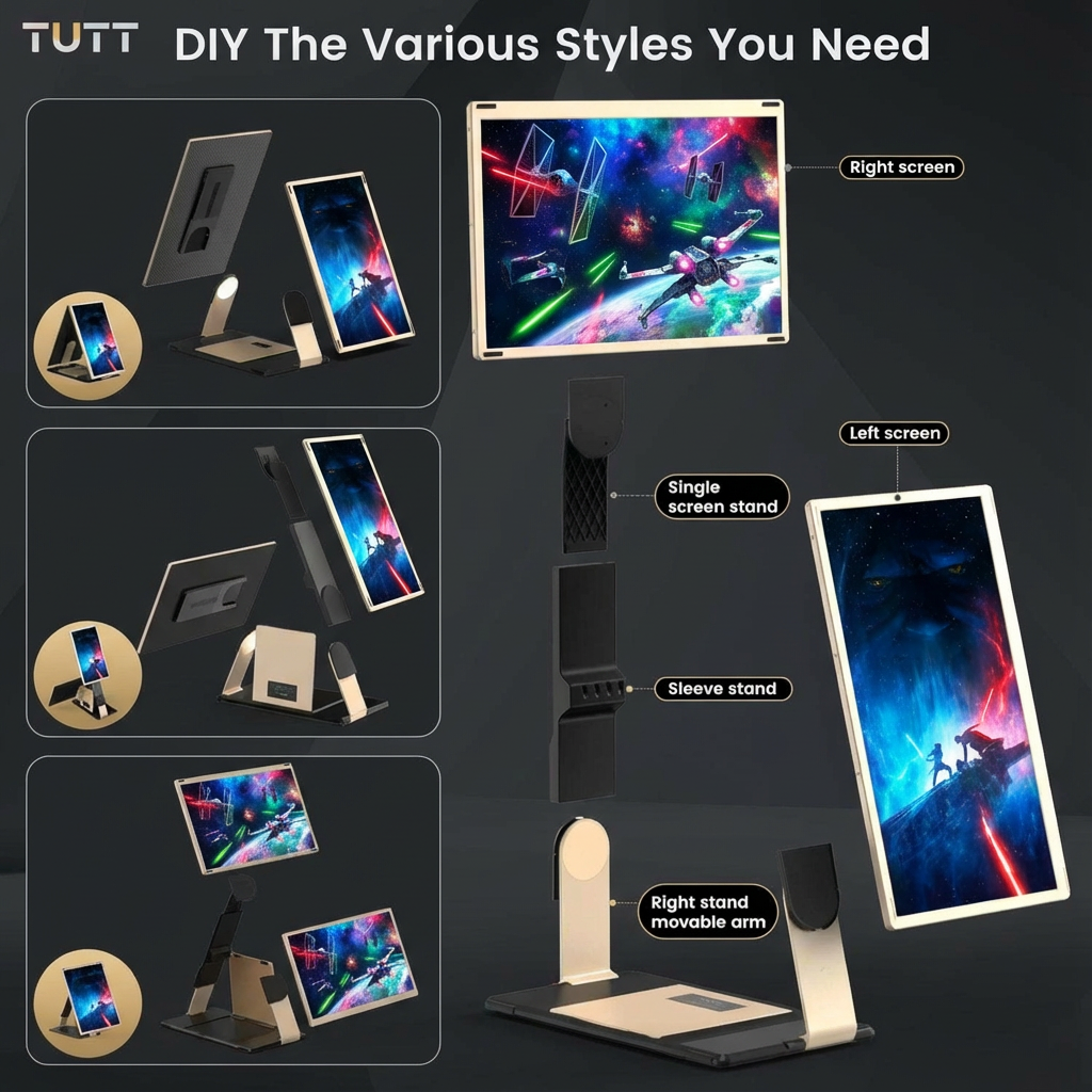 TUTT 15.6” FHD Portable Monitor – S6 Triple Screen Extender, USB-C/HDMI, 7 Viewing Modes | All Devices Compatible with Converter Cable (H5 Included)Collage of different screen stands with various configurations on a dark background, featuring the brand 'TUTT'.