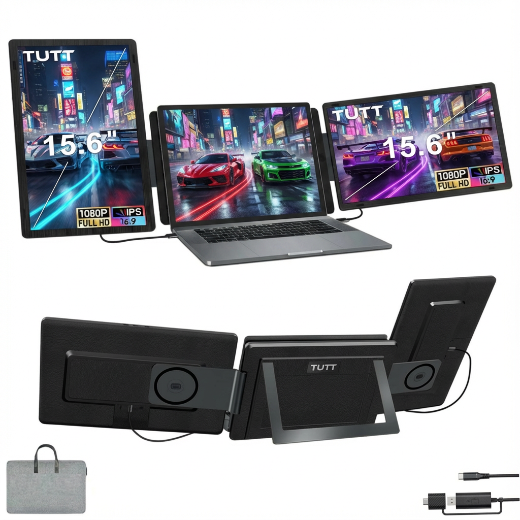 Laptop with external screen and accessories on a white background TUTT 15.6 Laptop Screen Extender Rugged Design | Portable Monitor For Laptop with H5 Converter Cable S9