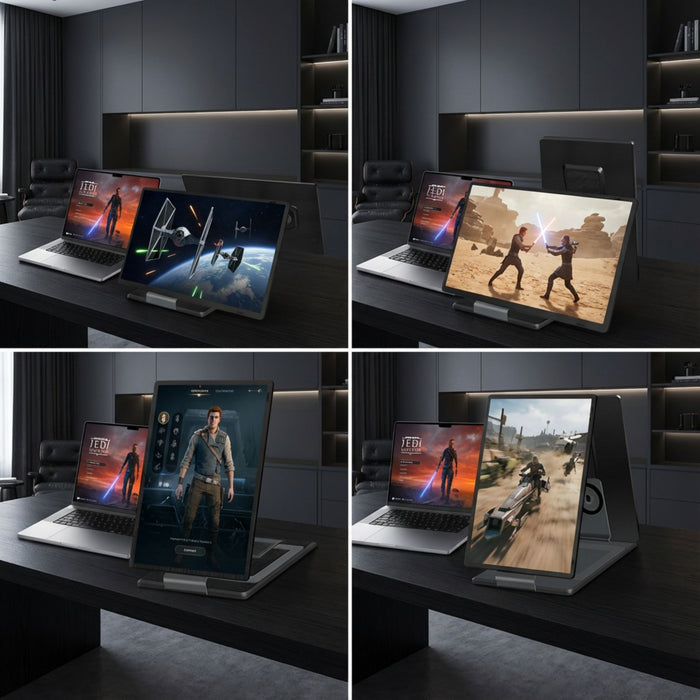 Portable 15.6 inch TUTT laptop screen extender with speaker showing Star Wars game scenes, multiple viewing angles in modern office