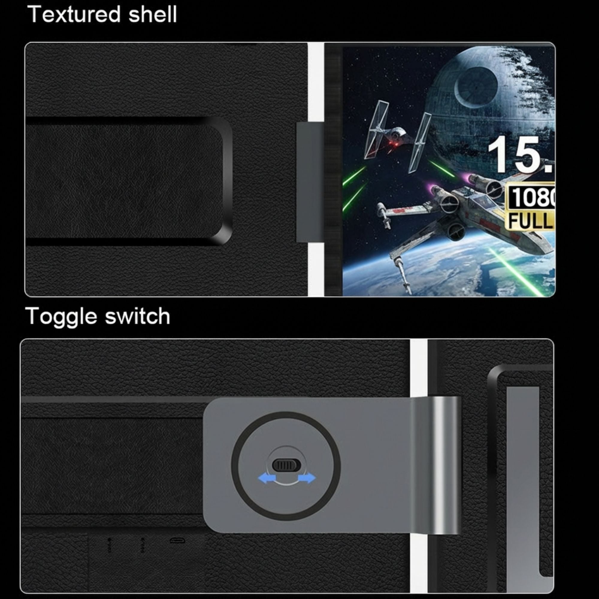 Close-up of textured shell and toggle switch on a portable 15.6-inch 1080p monitor with space-themed screen TUTT