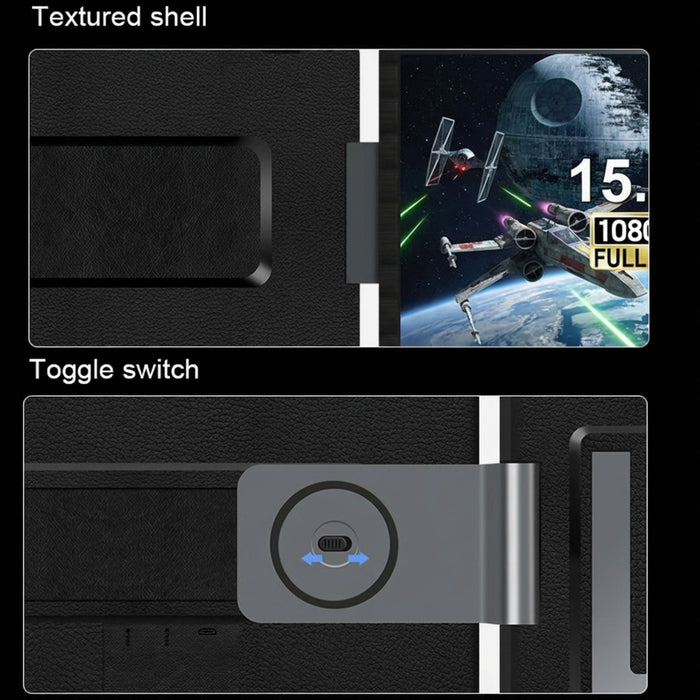 Close-up of textured shell and toggle switch on a portable 15.6-inch 1080p monitor with space-themed screen TUTT