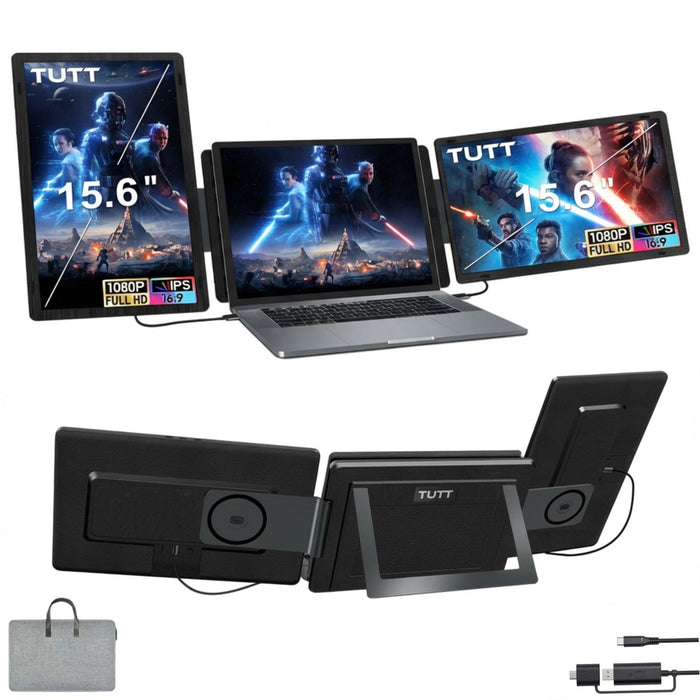 TUTT 15.6 inch portable monitor screen extender with speakers, 1080P Full HD IPS 16:9 for laptops, includes H5 converter cable and gray carrying case TUTT