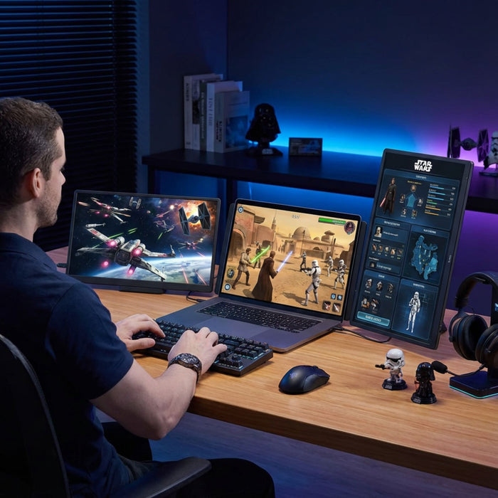 Man using 15.6 inch portable monitor and laptop dual screens displaying Star Wars game with keyboard and mouse on desk TUTT
