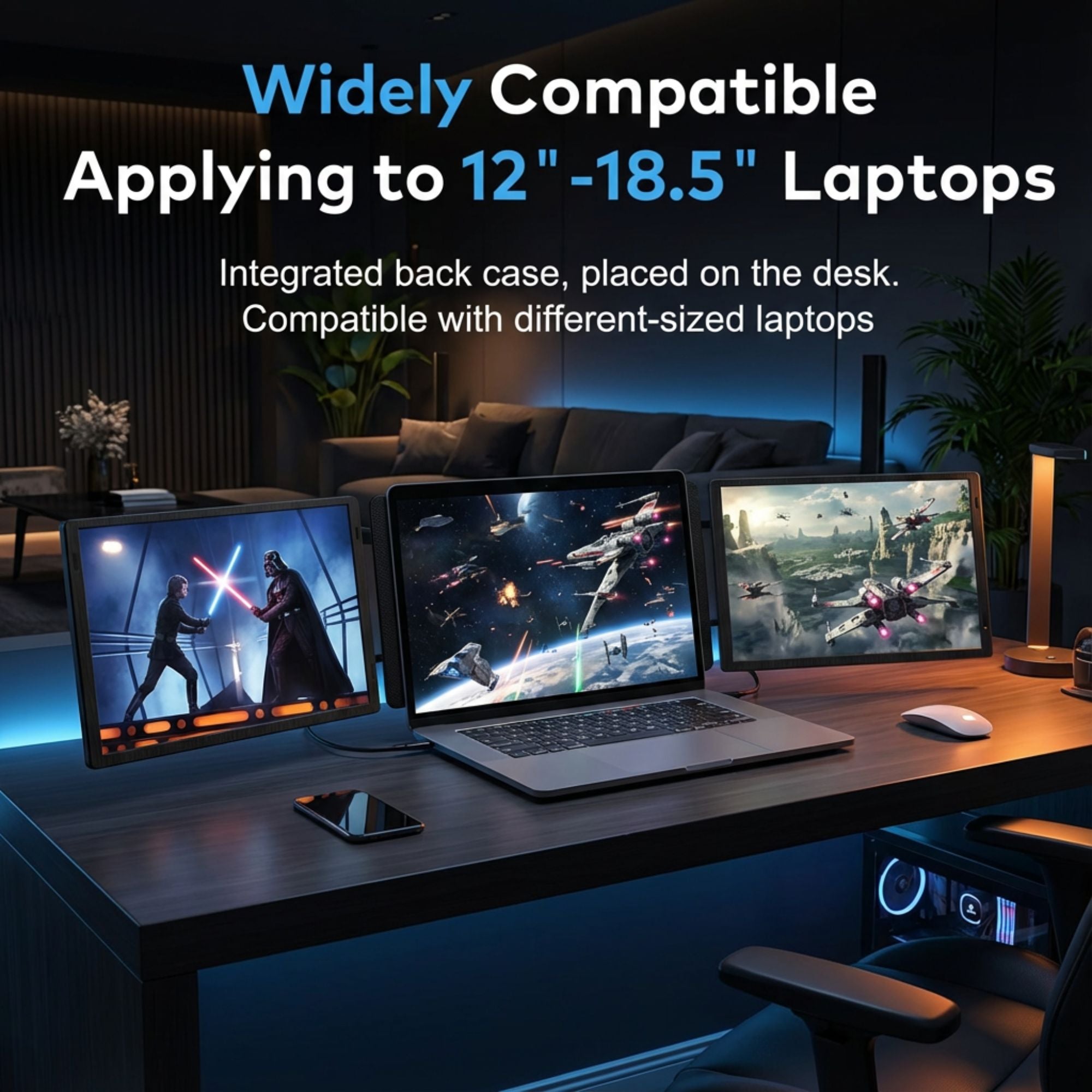 Workspace with laptop and two portable 15.6 inch monitors displaying space and lightsaber scenes, designed for 12-18.5 inch laptops TUTT