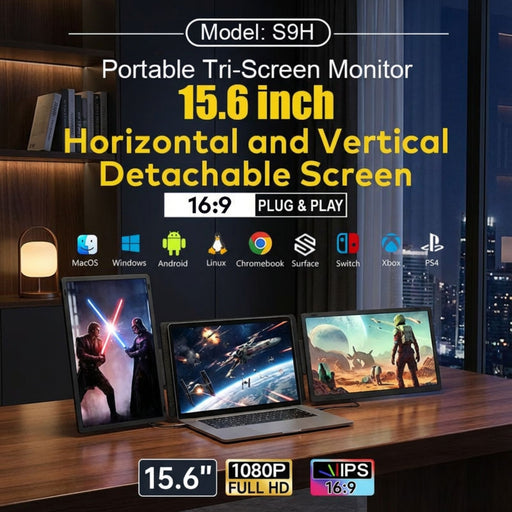 Model S9H portable tri-screen monitor with 15.6 inch Full HD IPS displays in horizontal and vertical setup on laptop desk TUTT