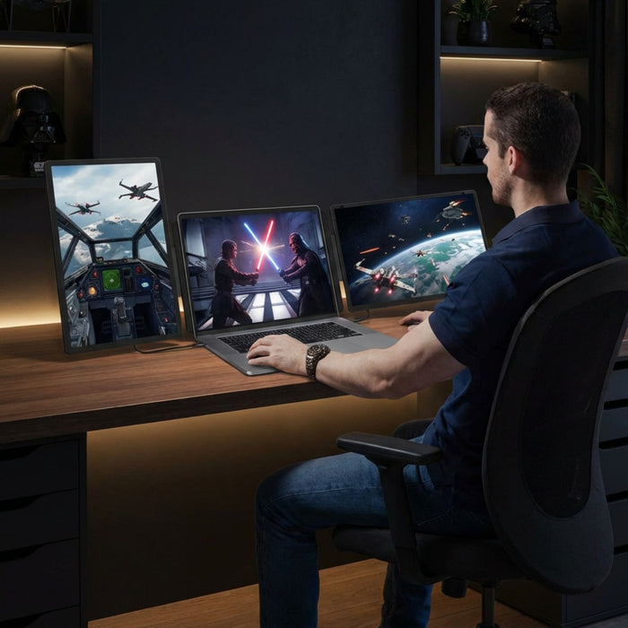 Man using laptop with two portable monitors showing sci-fi space battles and light saber duel, wooden desk setup TUTT