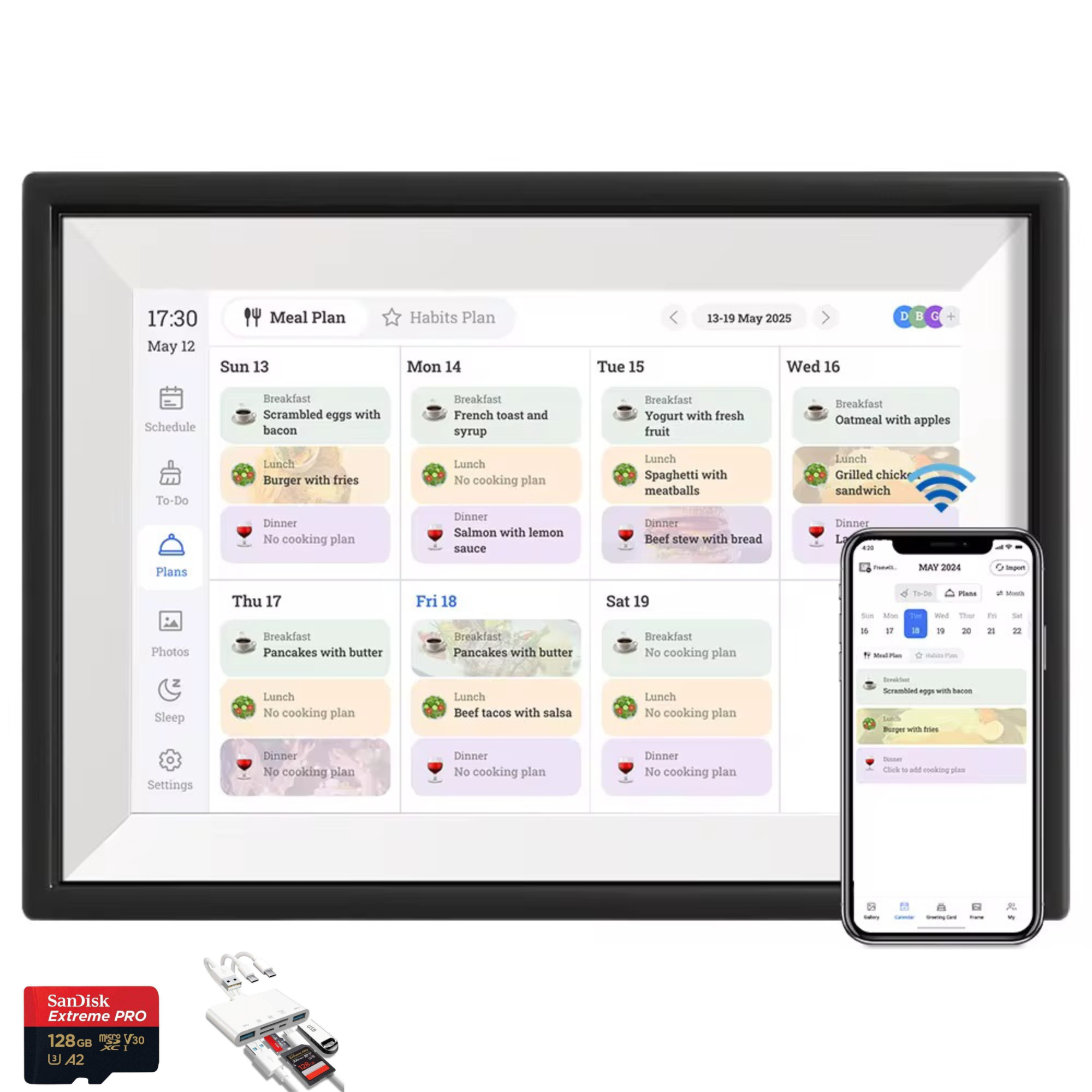 TUTT 15.6” Smart Digital Calendar & Chore Chart | Photo and Video Frame | Android Touchscreen Display Family Organizer + 128GB SanDisk EXTREME PRO® + 5 in 1 Reader