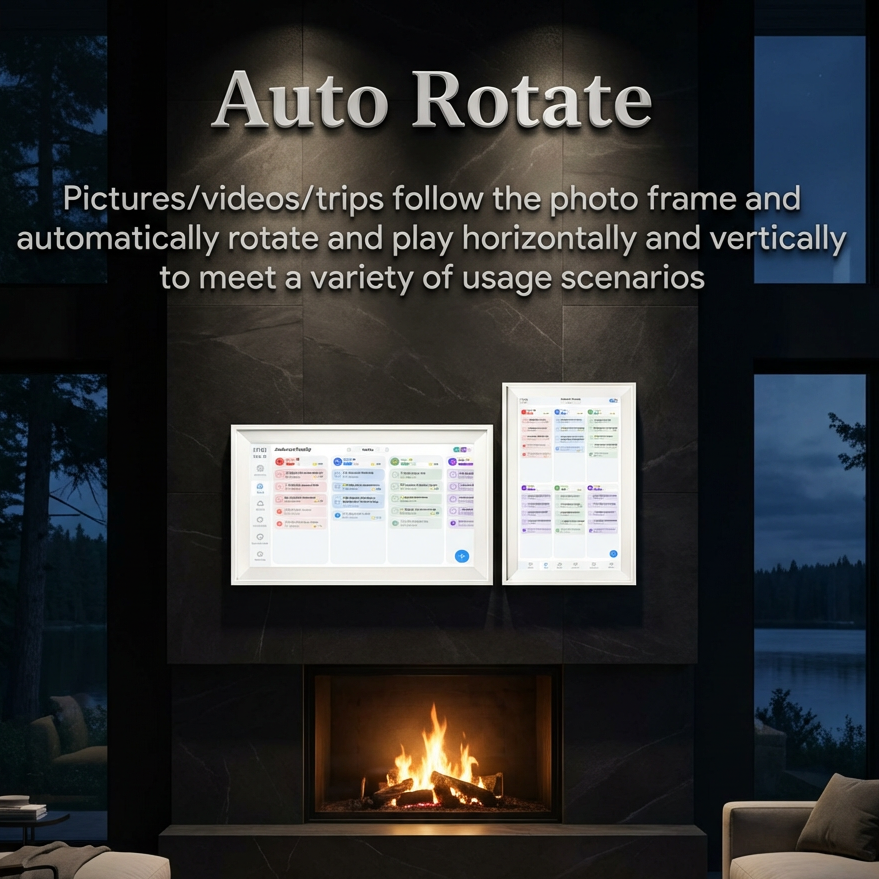 TUTT 15.6” Smart Digital Calendar & Chore Chart | Photo and Video Frame | Smart Touchscreen Display Family Organizer + 128GB SanDiskLiving room with a fireplace and digital photo frames displaying content.