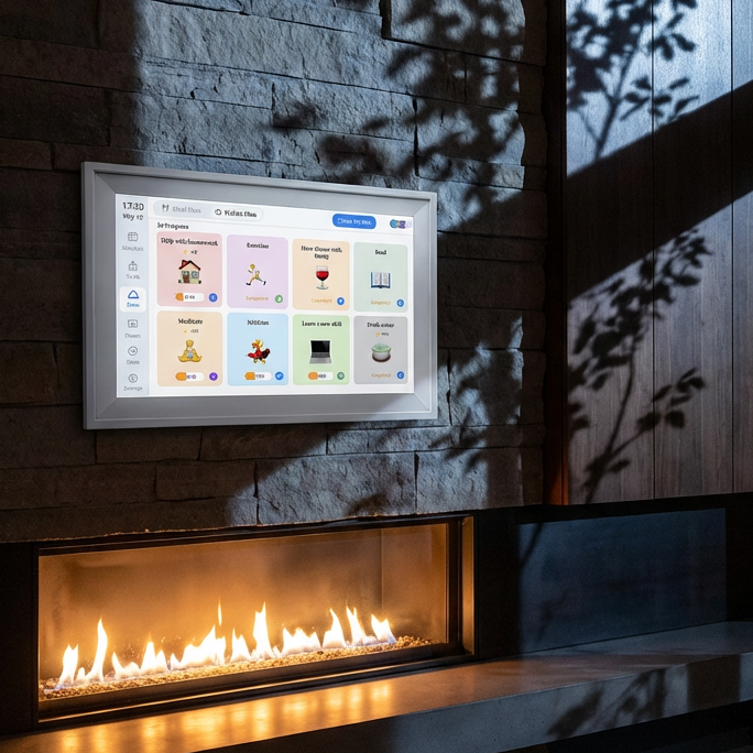 TUTT 15.6” Smart Digital Calendar & Chore Chart | Photo and Video Frame | Smart Touchscreen Display Family Organizer + 128GB SanDisk Modern fireplace with digital display in a dimly lit room
