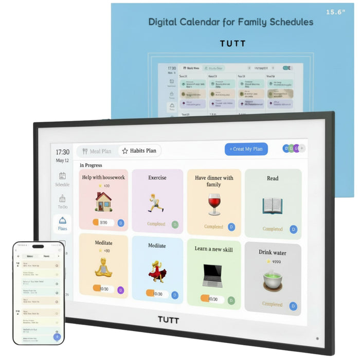 Digital calendar for family schedules displayed on a monitor and smartphone, with TUTT branding.