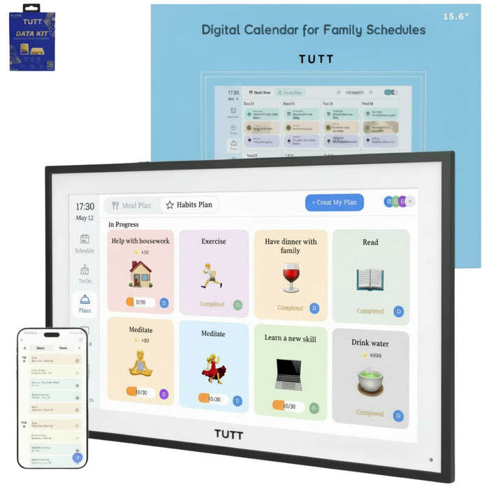TUTT digital calendar for family schedules displayed on a screen with a smartphone showing the app.