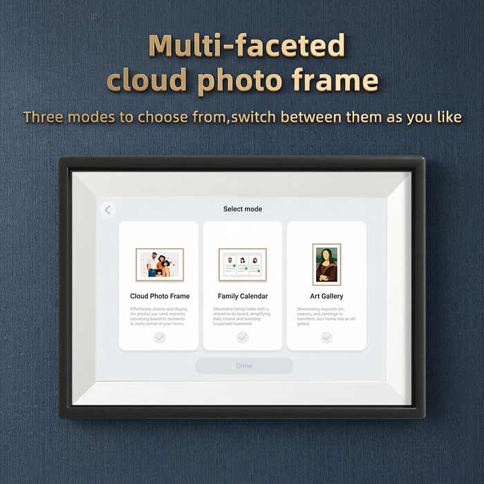TUTT 15.6” Smart Digital Calendar & Chore Chart | Photo and Video Frame | Smart Touchscreen Display Family Organizer + 128GB SanDisk Digital photo frame with user interface on a blue background