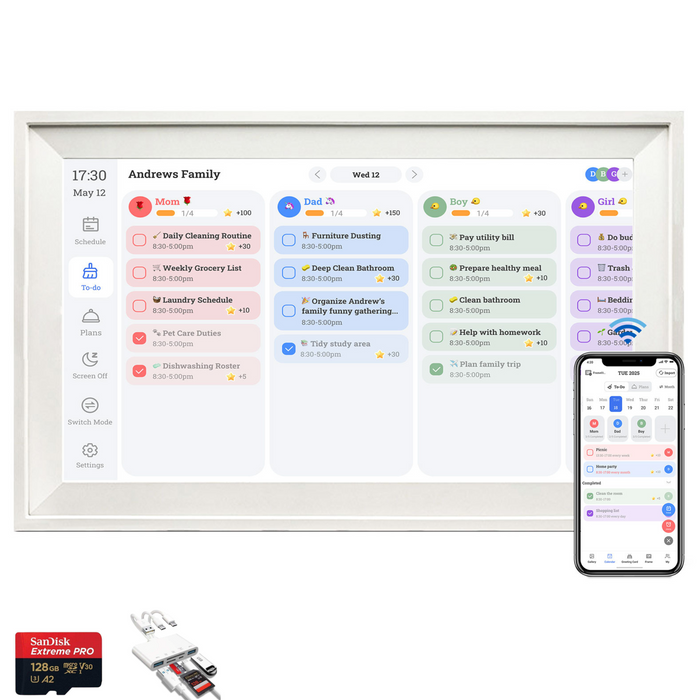 TUTT 15.6” Smart Digital Calendar & Chore Chart | Photo and Video Frame | Android Touchscreen Display Family Organizer + 128GB SanDisk EXTREME PRO® + 5 in 1 Reader