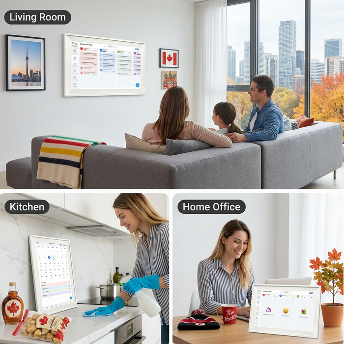 TUTT 15.6” Smart Digital Calendar & Chore Chart | Photo and Video Frame | Smart Touchscreen Display Family Organizer + 128GB SanDisk Collage of a family in a living room, a woman cleaning in a kitchen, and a woman working in a home office with a digital display.