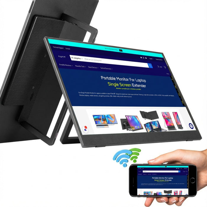 15.6-inch wireless portable monitor with built-in kickstand and speaker showing TUTT website, connected to smartphone via WiFi symbol TUTT