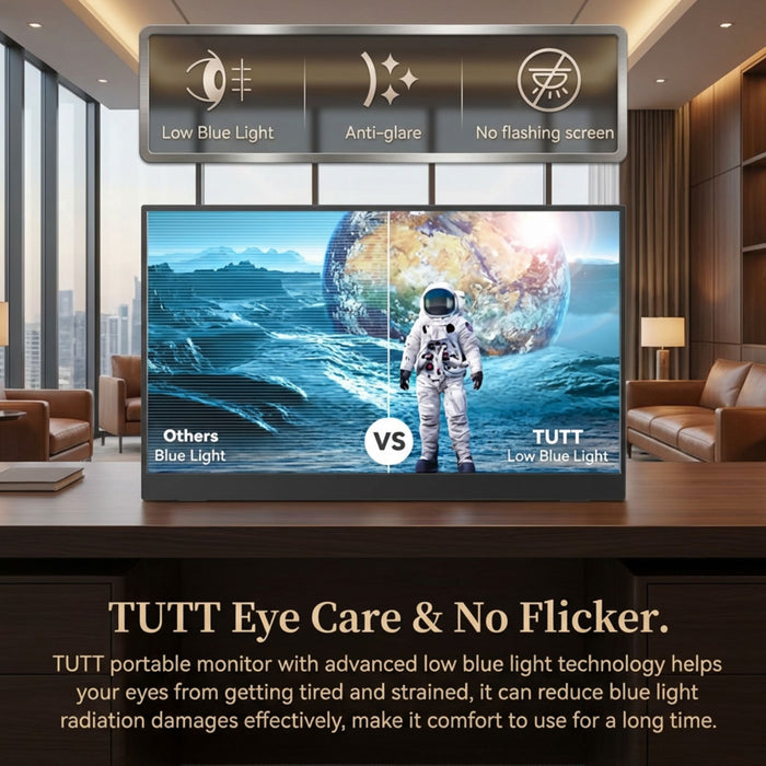 Modern office with TUTT portable monitor displaying astronaut and Earth, highlighting low blue light, anti-glare, and no flicker features for eye care TUTT